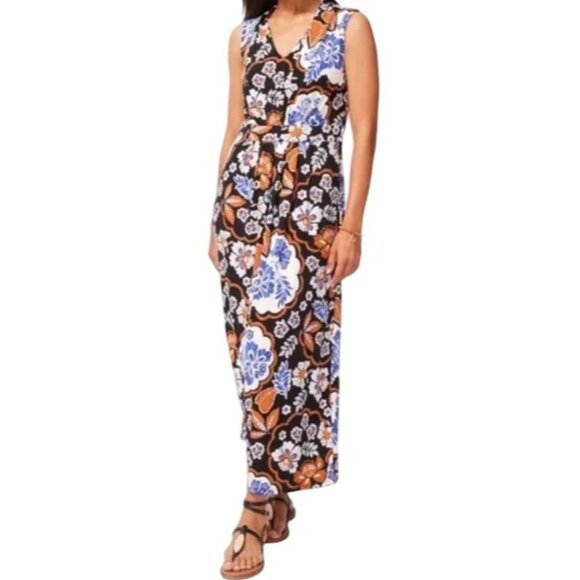 Chicos Womens 12 Boho Sleeveless Floral Pleat Front Cartegena Maxi Dress - Picture 1 of 13